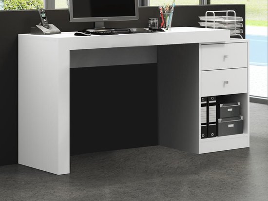 Uitschuifbaar bureau - 2 lades en 1 nis - Kleur: Wit - EVAN L 140 cm x H 75.3 cm x D 46 cm
