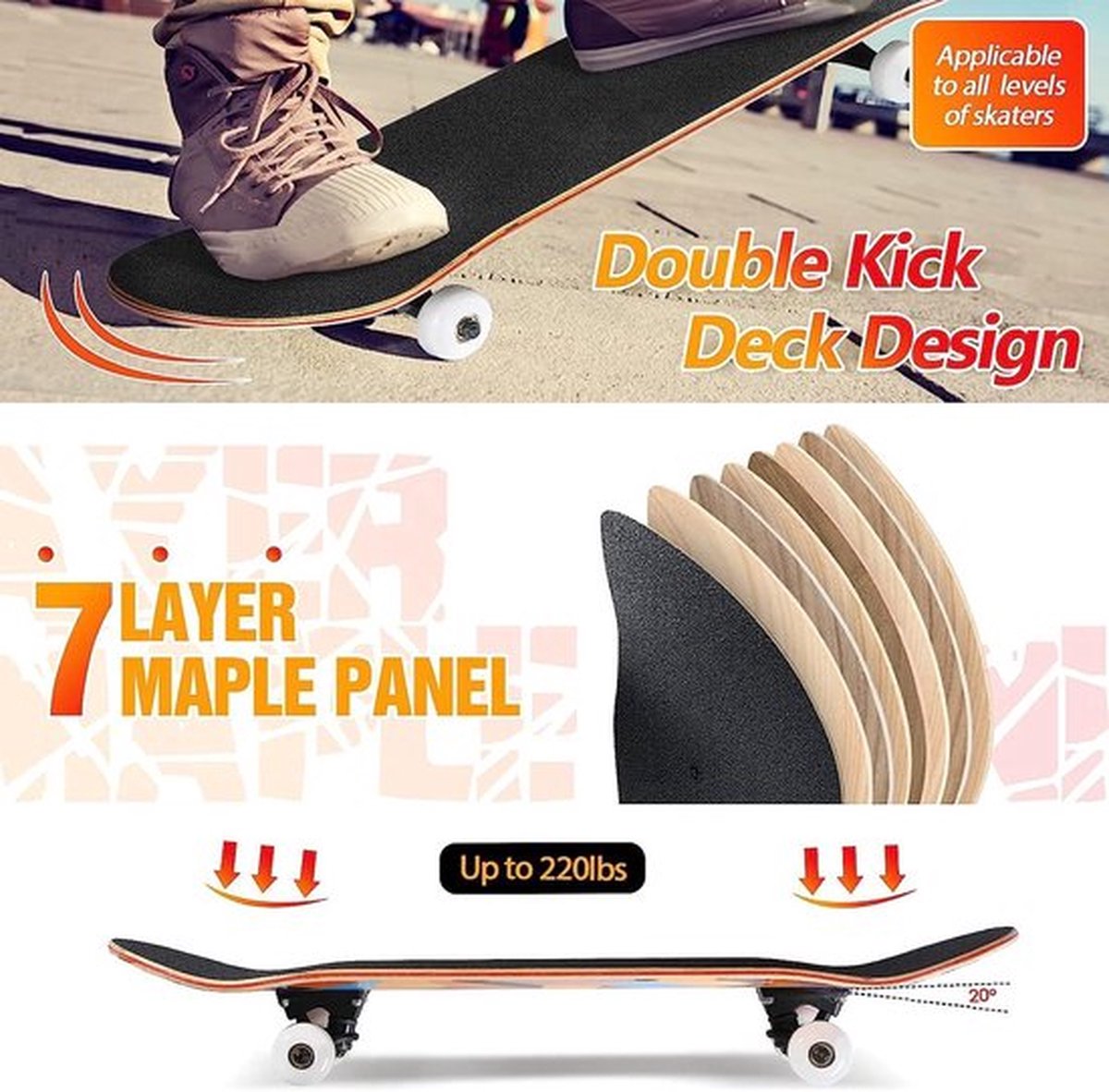 Suotu Skateboard - 80x20cm - ABEC-9 - 95A - schokabsorptie - Jongens - Meisjes - Volwassenen Skateboards — afbeelding 7