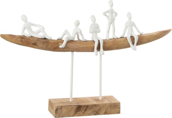J-Line décoration Personnage Sur Banc - bois/métal - blanc/naturel - small