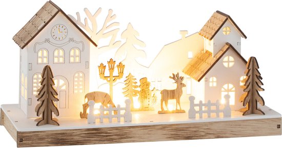 J-Line Kerstdorp met verlichting - deco winter - hout - naturel & wit - small - woonaccessoires