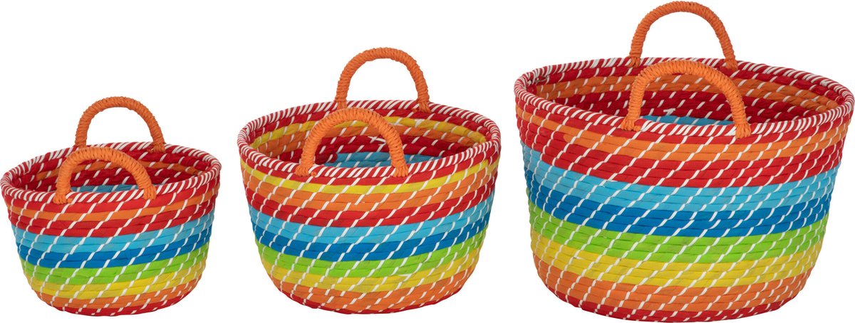 J-Line mand regenboog strepen+handvaten - zeegras - mix - set van 3