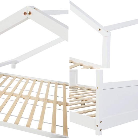en.casa] Kinderbed Sotkamo huisbed peuterbed met uitvalbeveiliging hoog uitvoering van grenen met bedbodem 90x200 cm wit