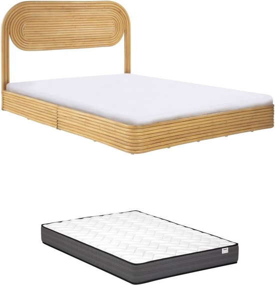 Bed – 140 x 190 cm – Rotan – Naturelkleur – Met matras – FARENI L 150 cm x H 100 cm x D 200 cm