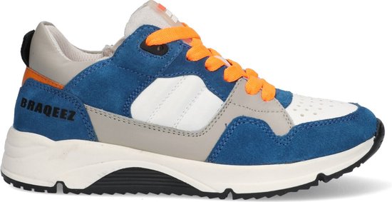 Braqeez 424265-423 Jongens Lage Sneakers - Blauw/Grijs/Oranje/Wit - Suède - Veters