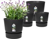 Elho Greenville Rond - Pots De Fleurs avec un Réservoir d'eau Intégré - Plastique 100% Recycle - Set de 4 - Ø 14, 16 cm - Noir