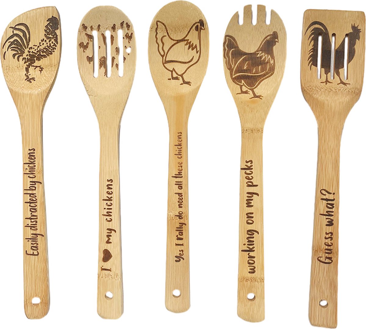 5-Delige Premium Bamboe kookgerei Set – Krasvrij & Hittebestendig met Unieke Kip Design