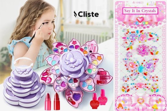 Cliste Kinder Make-up Set - Princess Flower Angel Wings Rotary 3-laags make-updoos ( 36 pcs ) plus 1 Rhinestone Sticker Set - Wasbare Oogschaduw Blush Make up Setje - Kinder make up Speelgoed