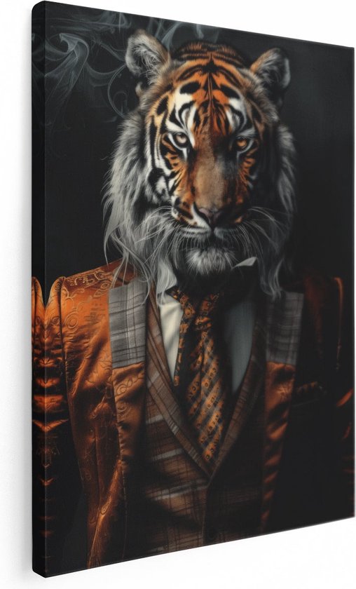 Toile d'un tigre à barbe et cravate, vêtu d'un costume orange à carreaux. De la fumée s'enroule autour de sa tête.