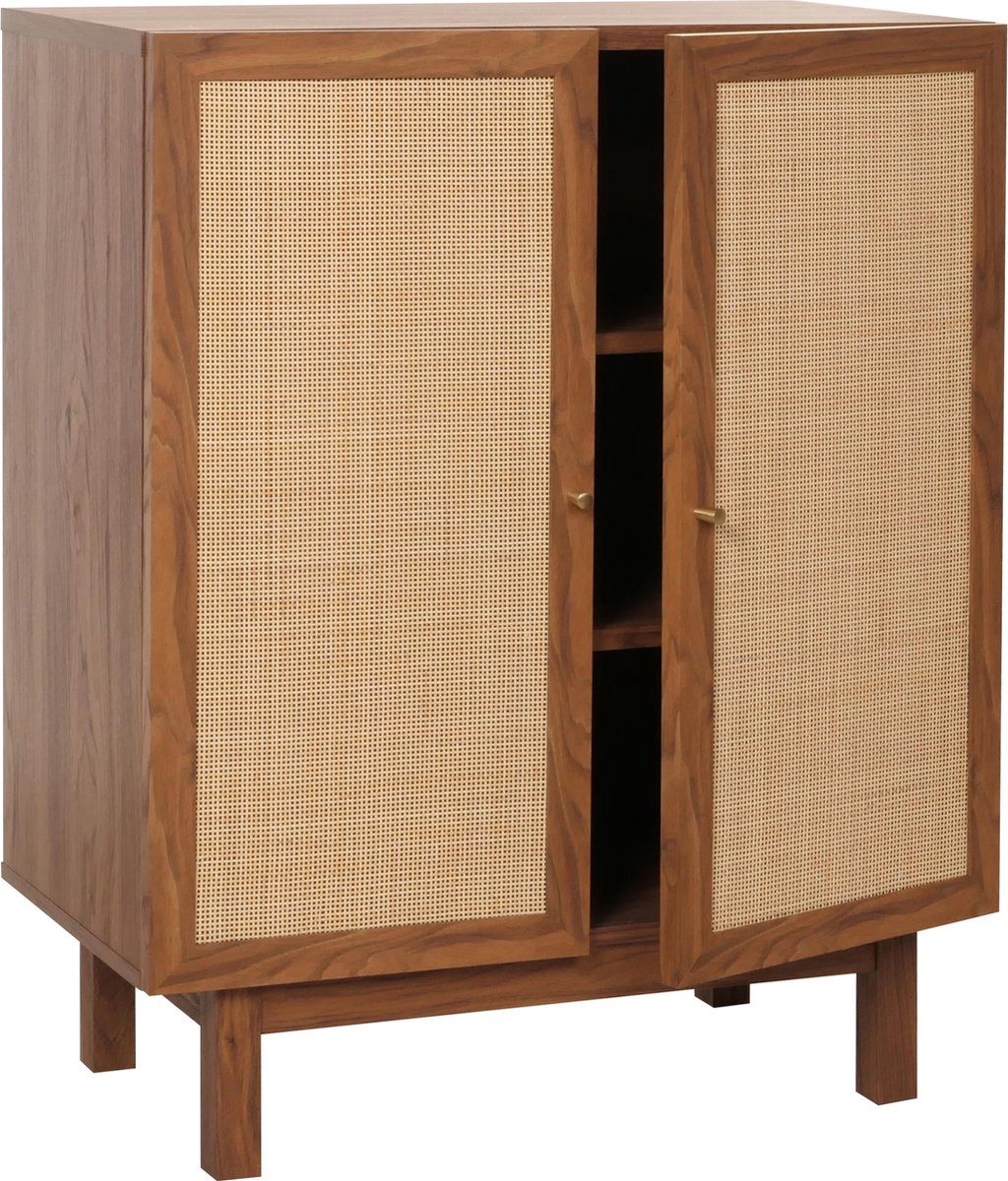 Bol.com Highboard MCW-M51, ladekast dressoir, opbergvakken, massief hout mango Kubu rotan 98x79x42cm ~ walnoot look aanbieding