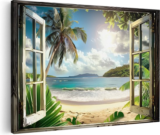 Artaza Canvas Schilderij Uitzicht op het Strand door een Open Raam - 30x20 - Klein - Foto Op Canvas - Canvas Print