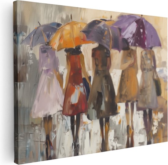 Artaza Canvas Schilderij Vrouwen Houden Paraplu's Vast in de Regen - 120x90 - Wanddecoratie - Foto Op Canvas - Canvas Print