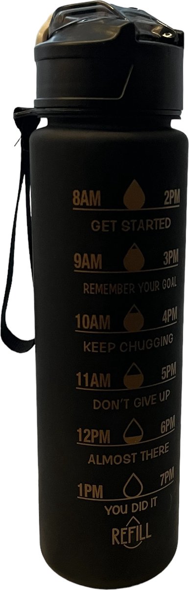 Motivatie Drinkfles 800 ml - Waterfles met Tijdsmarkering - Drinkfles met Rietje - Motivational Water Bottle - Sportfles - Lekvrije Bidon - Waterfles met Koord - Fitness Drinkfles - BPA Vrij - Zwart met Gouden Opdruk — afbeelding 5