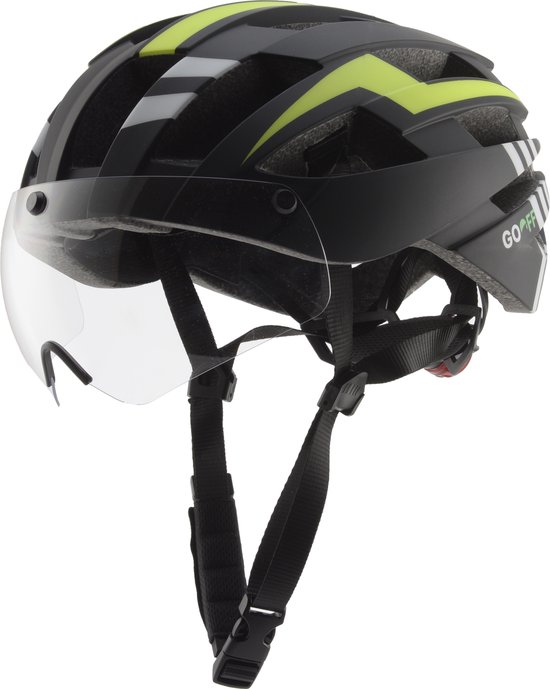 Casque de vélo GOOFF Blitz (visière transparente) 3-en-1 - ventilation maximale - avec lumière LED - jaune fluo taille M