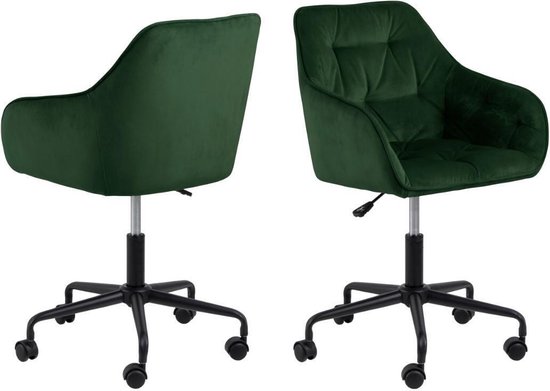 24Designs Shelby Bureaustoel Fluweel - Velvet Bosgroen - Zwart Metaal - 5-Teens Kruispoot Op Wielen