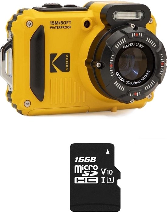 KODAK Pixpro Pack WPZ2 + 1 carte SD Kodak - Compact 16M Pixels, étanche à 15m, Anti-Choc, Video 720p, Ecran LCD 2,7 - Batterie Li-ion - Jaune