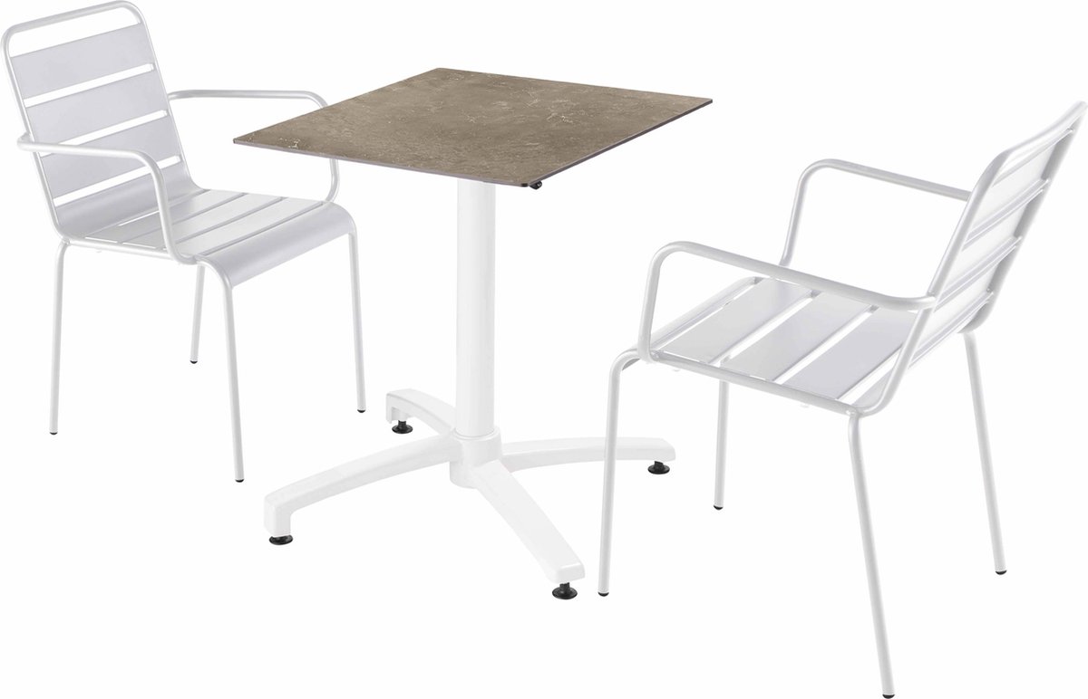 Tuintafel en 2 witte fauteuils met beige marmeren laminaat - Oviala tuinset.