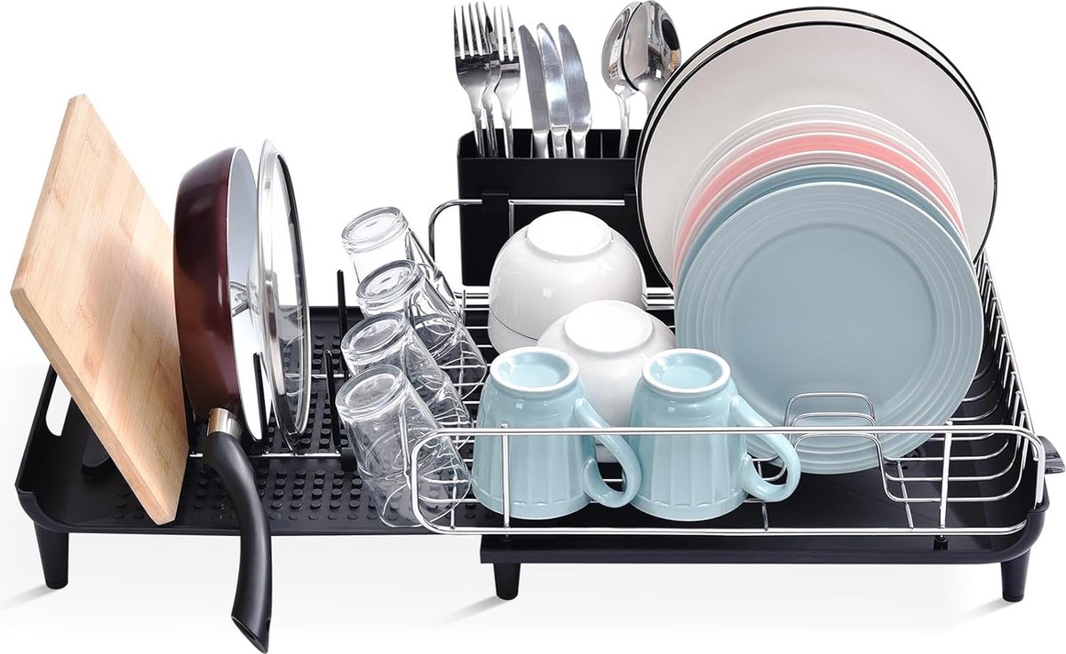 Goedkoopste Afdruiprek, uitbreidbaar serviesrek, opvouwbare roestvrijstalen afdruiprek met afneembare bestekhouder, krasbestendig plaatframe en draaibare drainageuitloop, zwart