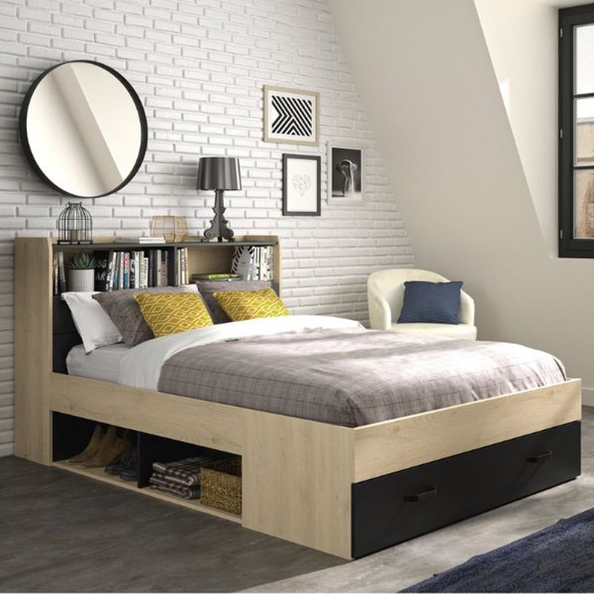 Twijfelaar Met Opbergladen Sabia | 140 X 190 | Châtaignier-design - Gautier - Diagone - Tweepersoons Bedkader - Bruin; Antraciet - MDF Tweepersoons Normaal Bed