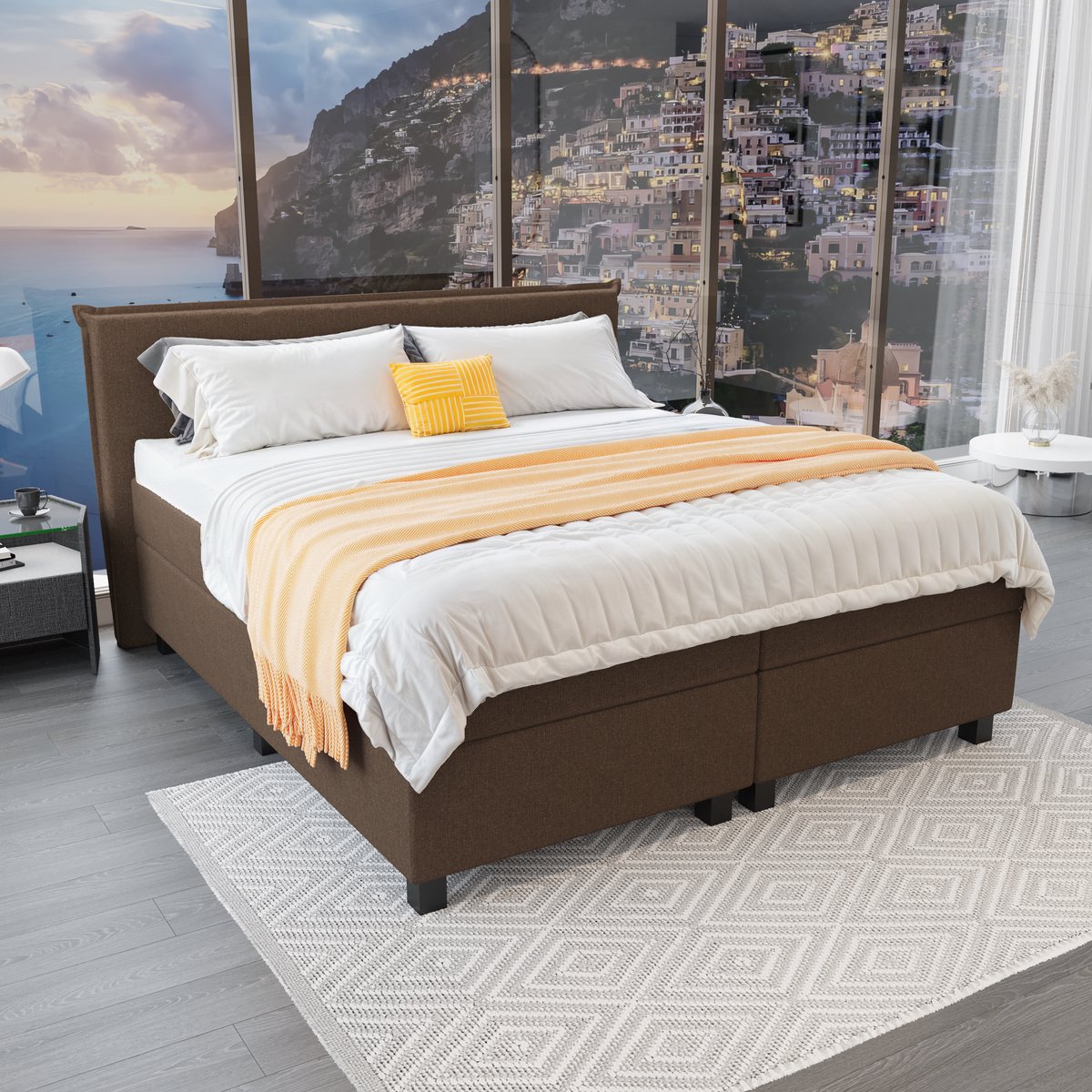Mörgenn Boxspring Capri - Pocketvering Boxen en matrassen - Luxe 12cm topper - Notenbruin - 160x210 cm - Inclusief Dekbed en Kussens