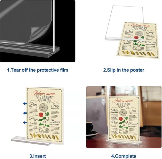 Lot De 4 Porte-Affiches Acrylique A4 - Support Double Face Vertical Transparent En Forme T - Cadre Menu Restaurant