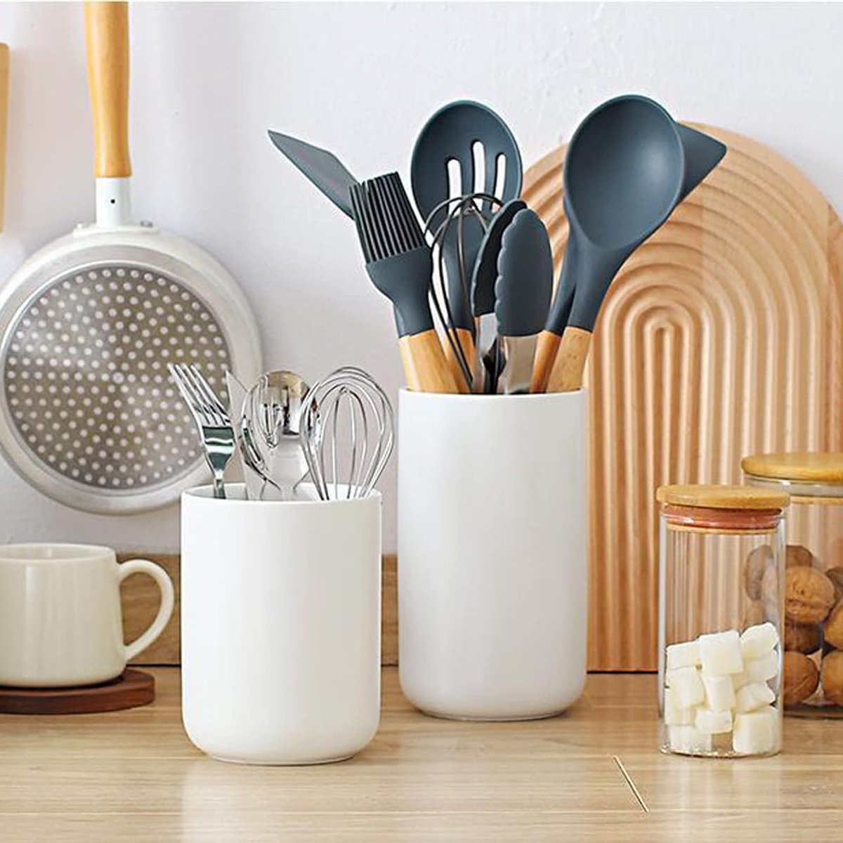 Porte-Ustensiles De Cuisine En Céramique Blanche - 13,4x11cm - Design Nervuré Élégant - Range Cuillères, Spatules…