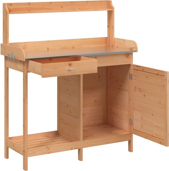 vidaXL Table de rempotage avec armoire 110,5 x 45 x 124,5 cm Bois de pin massif Marron - Table de rempotage - Tables de remportage - Table de jardin - Table de rempotage