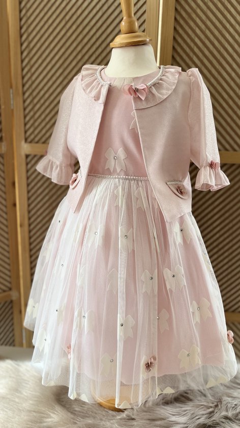 luxe feestjurk met jasje en tasje-tulen jurk-galajurk-vintage jurk-strikjes print-bruiloft-communie-fotoshoot-verjaardag-crème roze kleur-katoen-7 jaar maat 122