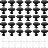 30 stuks kastknoppen van zinklegering en roestvrij staal, 30 x 22 mm ronde meubelknoppen met schroeven, deurknoppen zwart voor kast, lade en meubels