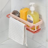 Opslagrek voor muur zonder boren, kruidenrek met handdoekhouder en 2 haken, No-Punch wandrek met afvoergoot voor badkamer en keuken (roze)