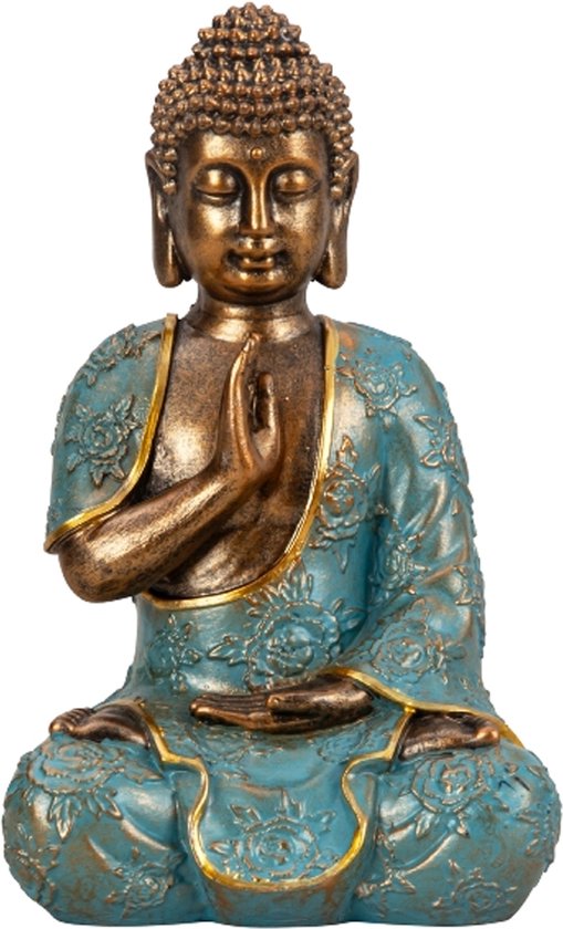 Boeddha beeld Shaman - binnen/buiten - kunststeen - goud/jade - 14 x 23 cm
