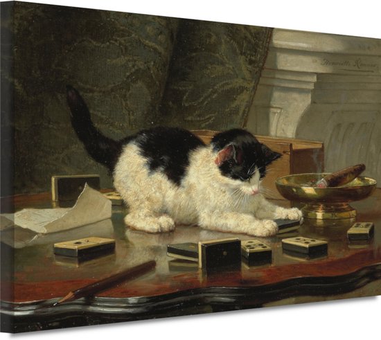 Speelplezier van een Kat - Henriëtte Ronner-Knip schilderij - Kat wanddecoratie - Canvas schilderij Dieren - Woonkamer decoratie industrieel - Canvas schilderijen - Schilderijen & posters 60x40 cm