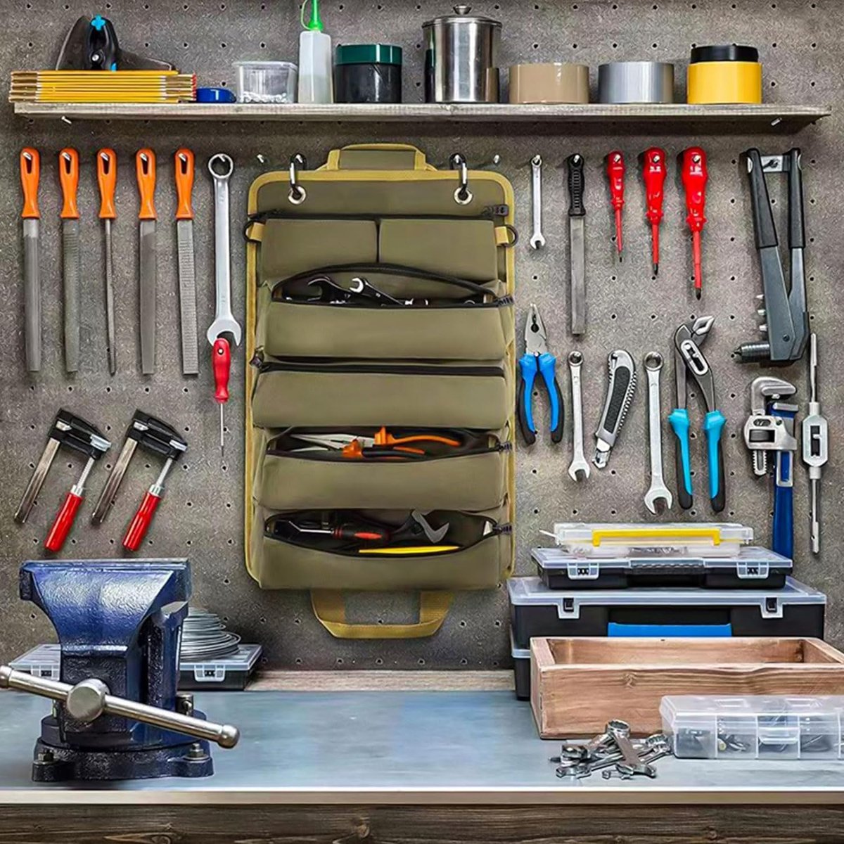 FIREDOG Oprolbaar etui, oprolbare tas met sleutel, multifunctionele canvas gereedschapsorganizer (groen