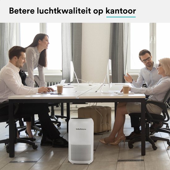 Een Rolfstone luchtreiniger in een modern kantoor met werkende collega's.