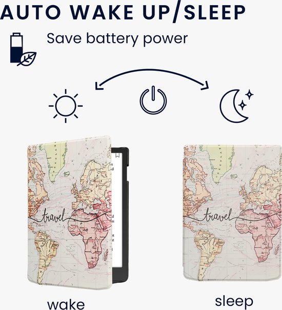 kwmobile e-reader hoesje geschikt voor Pocketbook InkPad 4 / Color 3 / Color 2 / Vivlio InkPad 4 / InkPad Color 3 hoes - E reader flip case met magnetische sluiting - Ereader cover - Travel Wereldkaart design in zwart / meerkleurig van kwmobile — afbeelding 4