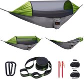 Hangmat Outdoor Camping: Hangmatten met muggennet Hammock 200 kg draagvermogen (300 x 180 cm) voor outdoor, camping, wandelen, reizen, groen + grijs