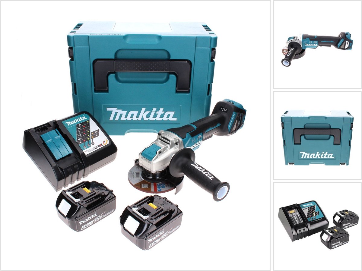Makita DGA 519 RMJ accu haakse slijper 18 V 125 mm Brushless X-Lock + 2x accu 4.0 Ah + lader + Makpac