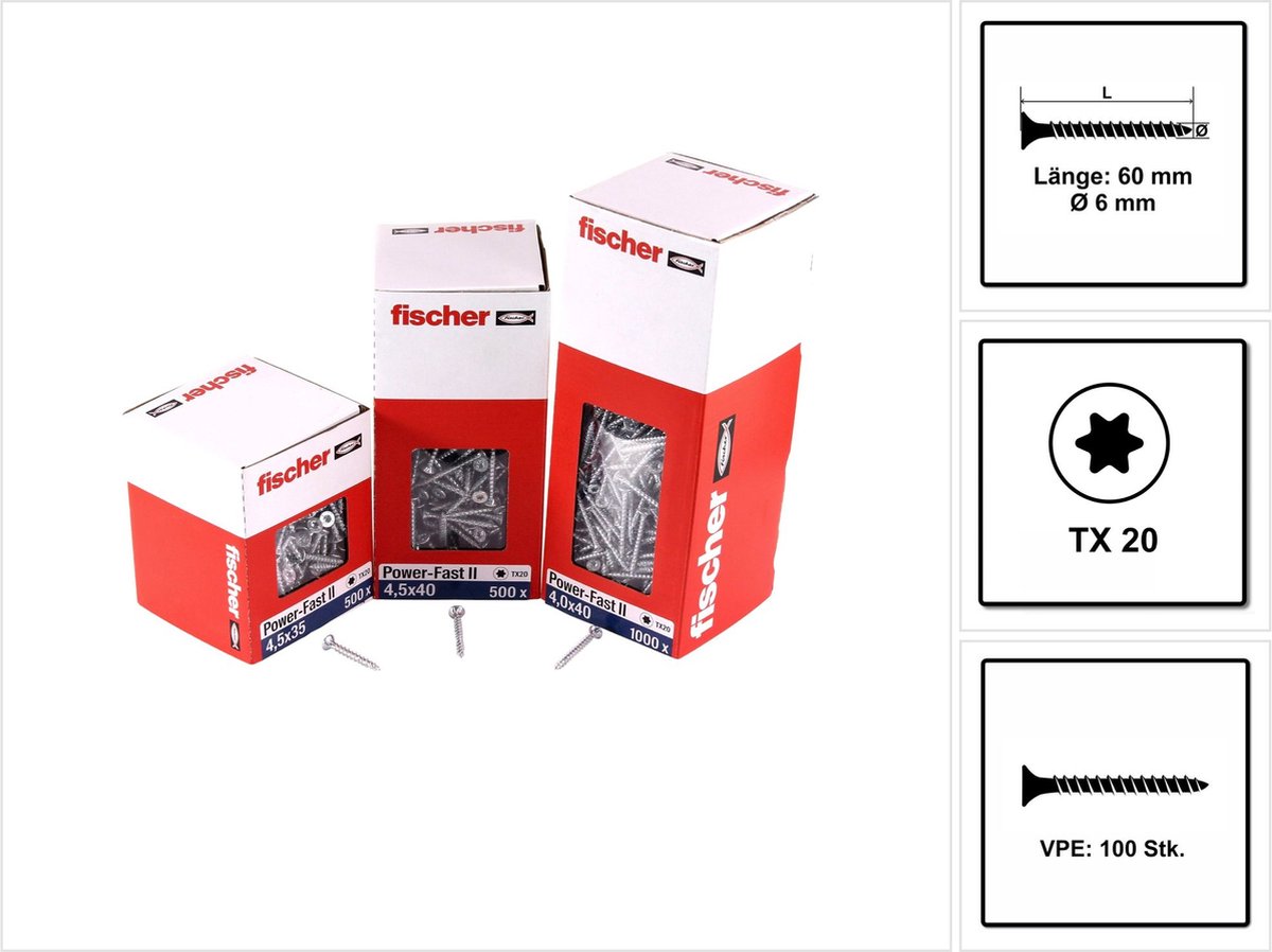 Fischer 100x Power-Fast II FPF II CTF 6 x 60 mm BC Senkkopf met binnenzeskant TX30 voldraad galvanisch verzinkt blauw gepassiveerd - 670455