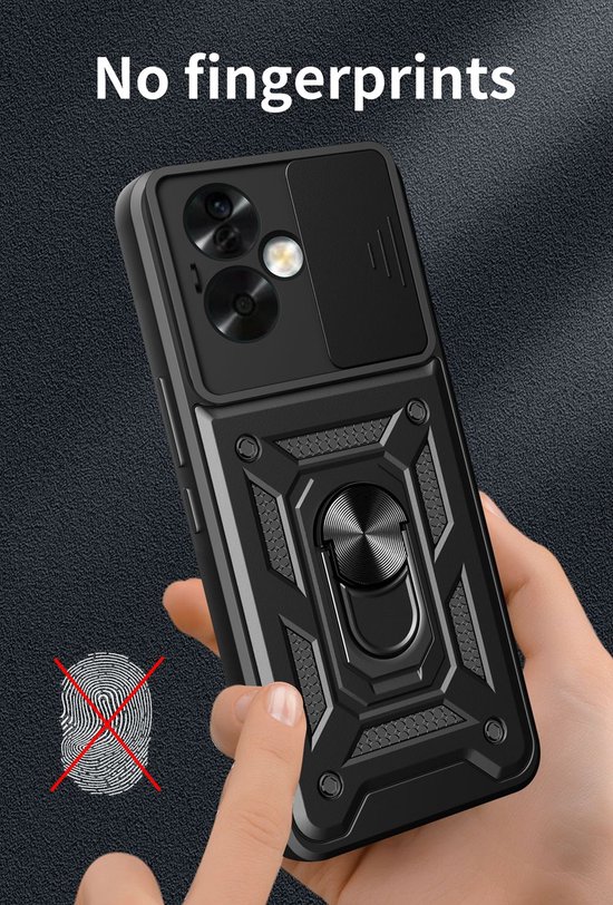 Zwarte pantser telefoonhoes met ringhouder en lens schuifdeksel. Vinger wordt getoond die het oppervlak aanraakt.