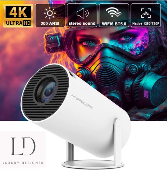 Beamer - WiFi HDMI Bluetooth - 4K Support - 5000 lumen - Android 11 - Mini Projector - Wit - Merkloos