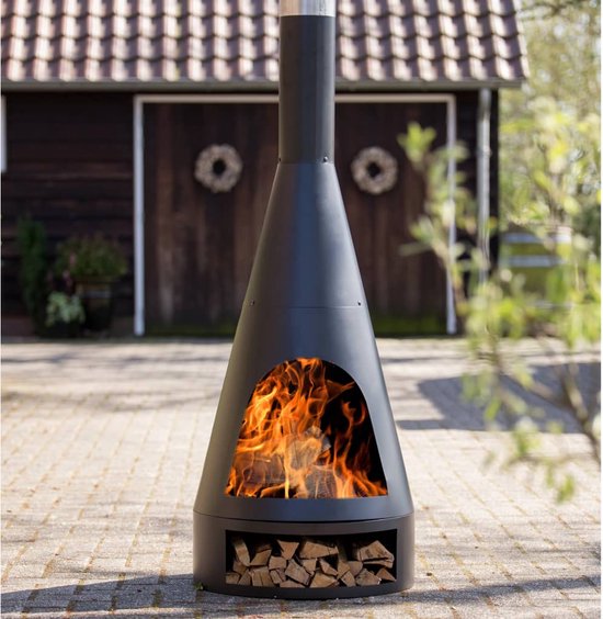 RedFire – Kingston – Houtopslag – Zwart - Staal – Vuurkorf – Fireplace– Stevig staal – Diameter 55cm – Hoogte: 160cm - Terrasverwarming – Sfeerhaard