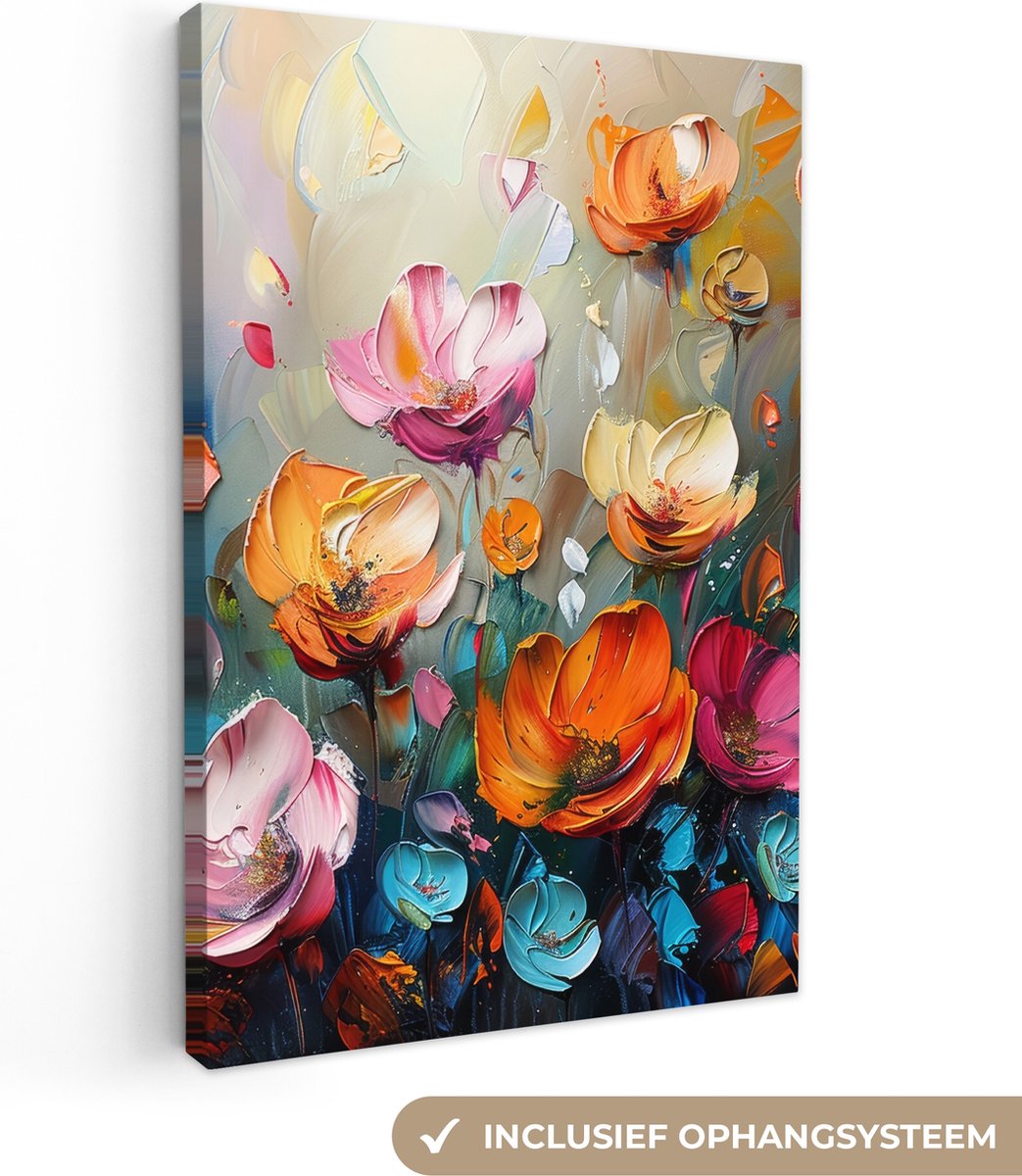 Canvas schilderij 80x120 cm - Wanddecoratie Bloemen - Kleurrijk - Abstract - Verf - Natuur - Muurdecoratie woonkamer - Kamer decoratie modern - Abstracte schilderijen