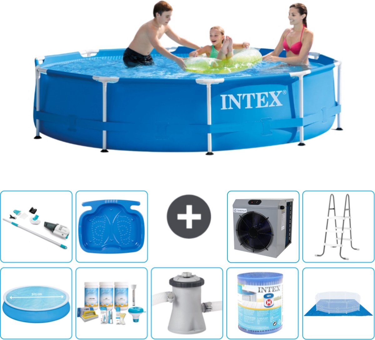 Intex Metal Frame Intex Rond Frame Zwembad 305 x 76 cm Blauw Inclusief Solarzeil Onderhoudspakket Zwembadfilterpomp Filter Grondzeil Stofzuiger Ladder Voetenbad Warmtepomp
