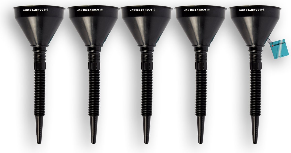 Set van 5 Zwarte Trechters voor Auto en Motor - Geschikt voor Olie en Brandstof - Duurzaam Plastic - Met Afneembare Filter - Handige Afmetingen - Ideaal voor Auto & Motor, Kamperen & Outdoor