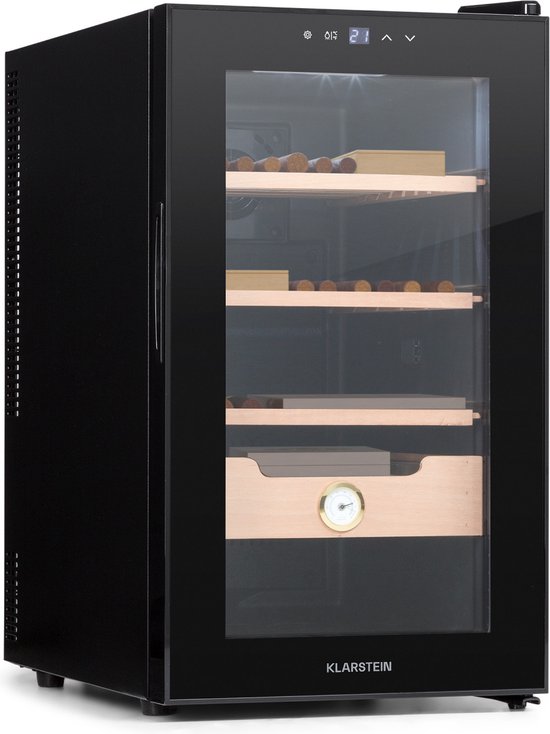 Klarstein El Presidente Zigarren Humidor thermoelektrischer Humidor Schrank met Glastür, Humidor Befeuchter met Einschüben aus Zedernholz, Hygrometer, LED Innenbeleuchtung, 23 Liter, schwarz – geschikt voor thuisfitness en sportschoolgebruik, duurzam