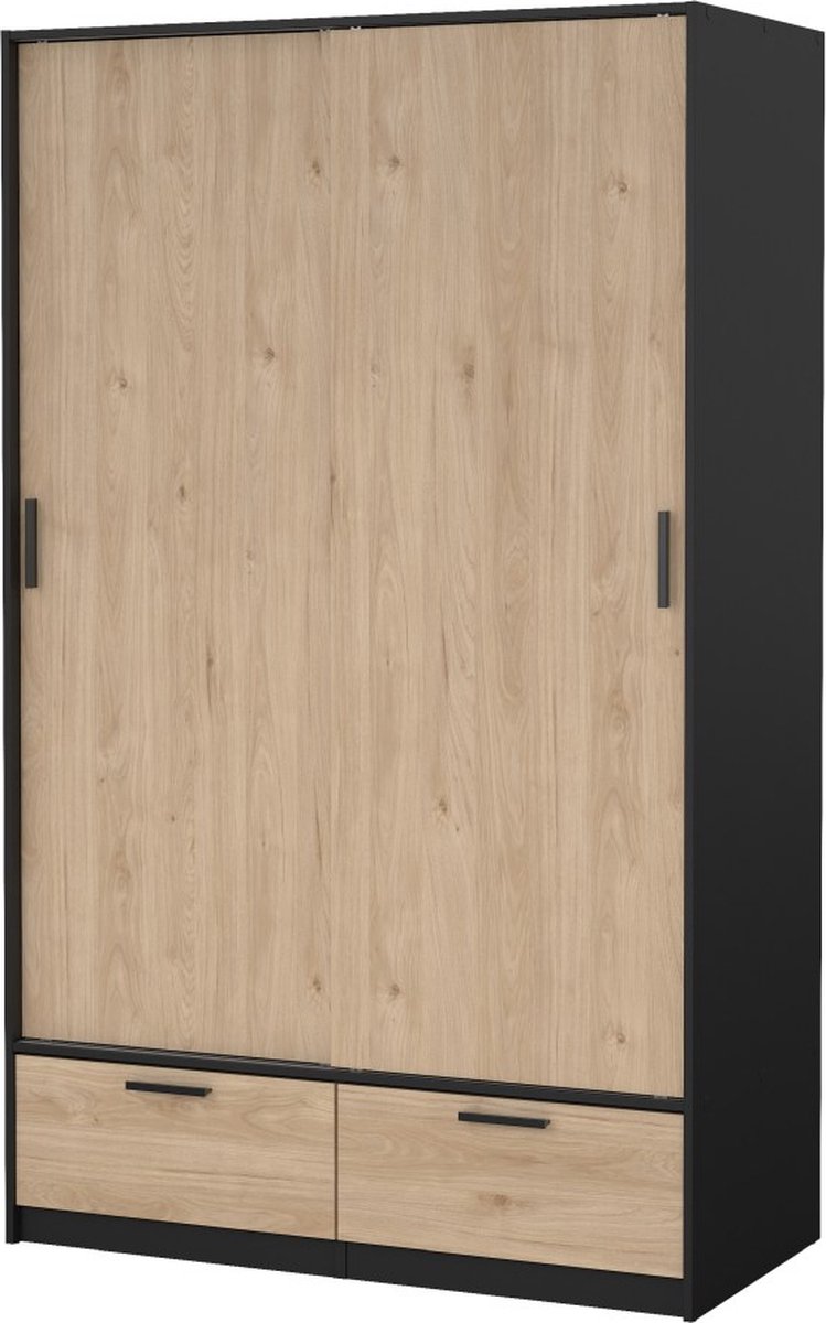 Tvilum Line kledingkast 2 deuren 2 laden okkernoot decor zwart mat.