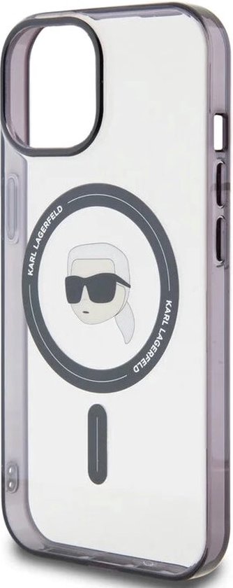 Coque rigide transparente avec logo tête de Karl Lagerfeld, compatible MagSafe.