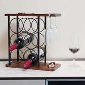 Wijnrek met Glazen Houder en Dienblad van Hout - Vrijstaand en Decoratief voor Thuis en Keuken - Opbergrek (6 flessen, 2 glazen)