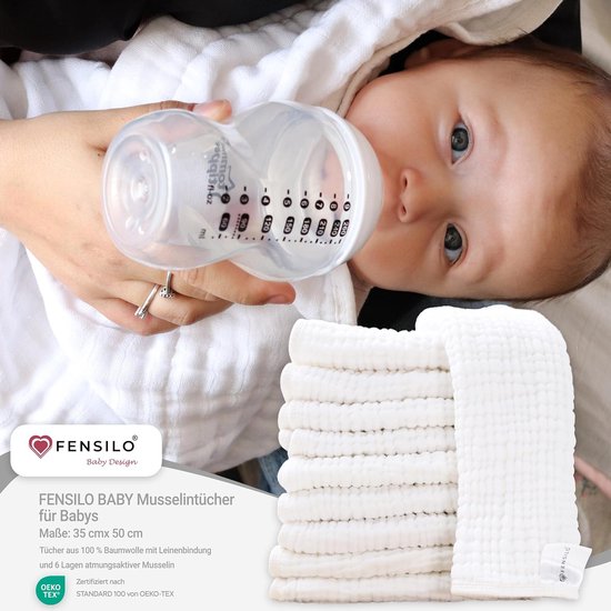 Fensilo -Hydrofiele Luiers - Hydrofiele Doeken - 100% Katoenen mousseline - 35 x 50 cm - 10 pack - Wit -Musseline doeken voor baby's, spuugdoeken voor baby's, 6 lagen, absorberende luiers, stoffen luiers