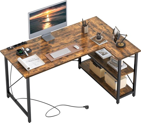 L-vorm, computertafel met 3 stopcontacten en 2 USB-oplaadaansluiting, 120 cm, bureautafel met opbergvakken, omkeerbaar, hoekbureau met planken voor thuiskantoor, kleine ruimte, gevlekt