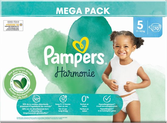 Paquet Pampers Harmonie taille 5 (11-16 kg), Mega Pack 70 pièces. Comprend un bébé, du coton et le texte '0% parfum, lotion'.